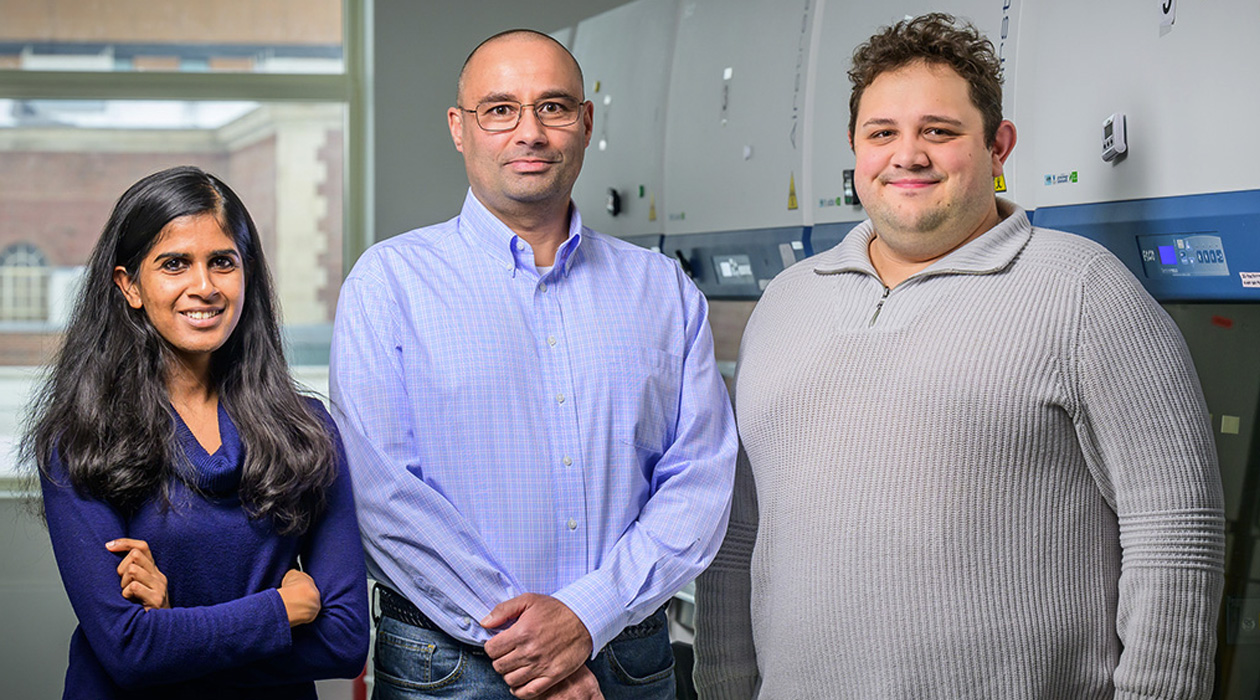 A new gene editing tool helps cells skip gene regions with problematic mutations. From left, graduate student Shraddha Shirguppe, Professor Pablo Perez-Pinera, and graduate student Angelo Miskalis led a team that applied the tool to reduce proteins associated with Alzheimer&amp;rsquo;s disease in mice. /&amp;nbsp;&lt;em&gt;Fred Zwicky&lt;/em&gt;