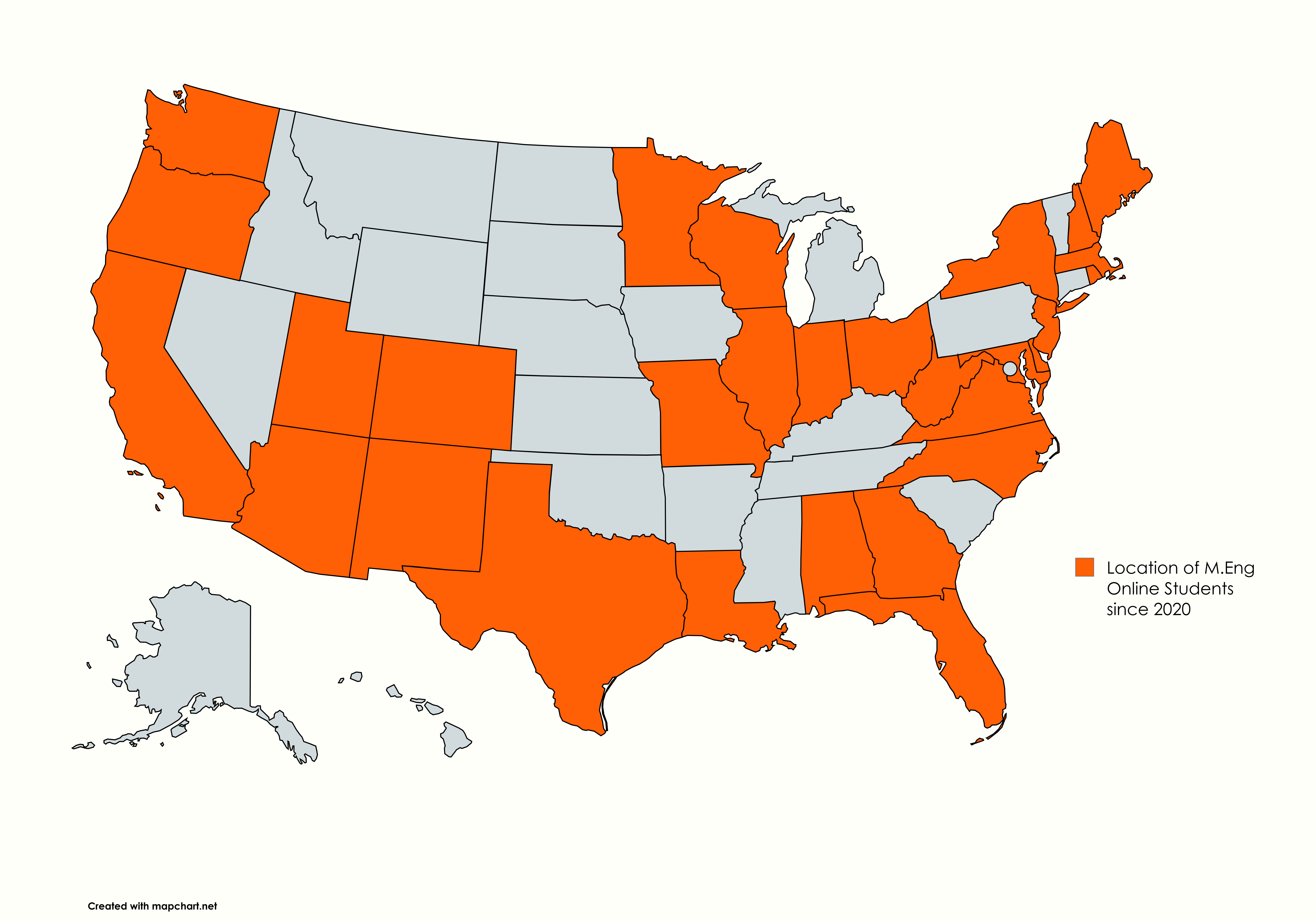 A map of the united states with states our students are from highlighted