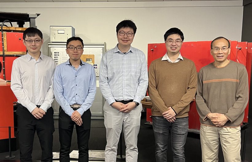 The U. of I. research team included, from left: graduate student Wen Jin, research affiliate Rong Guo, research professor Yudu Li, postdoctoral researcher Yibo Zhao and professor Zhi-Pei Liang. Photo taken in front of the first MRI scanners developed by late Illinois professor Paul Lauterbur, displayed in the Beckman MRI Museum. Photo courtesy of Zhi-Pei Liang