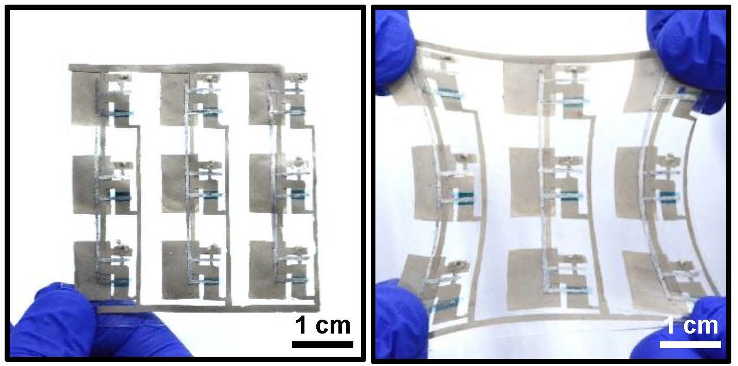 Photos of a sample stretchable tactile sensing skin created by Yu's team, before (left) and during (right) stretching.&amp;nbsp;
