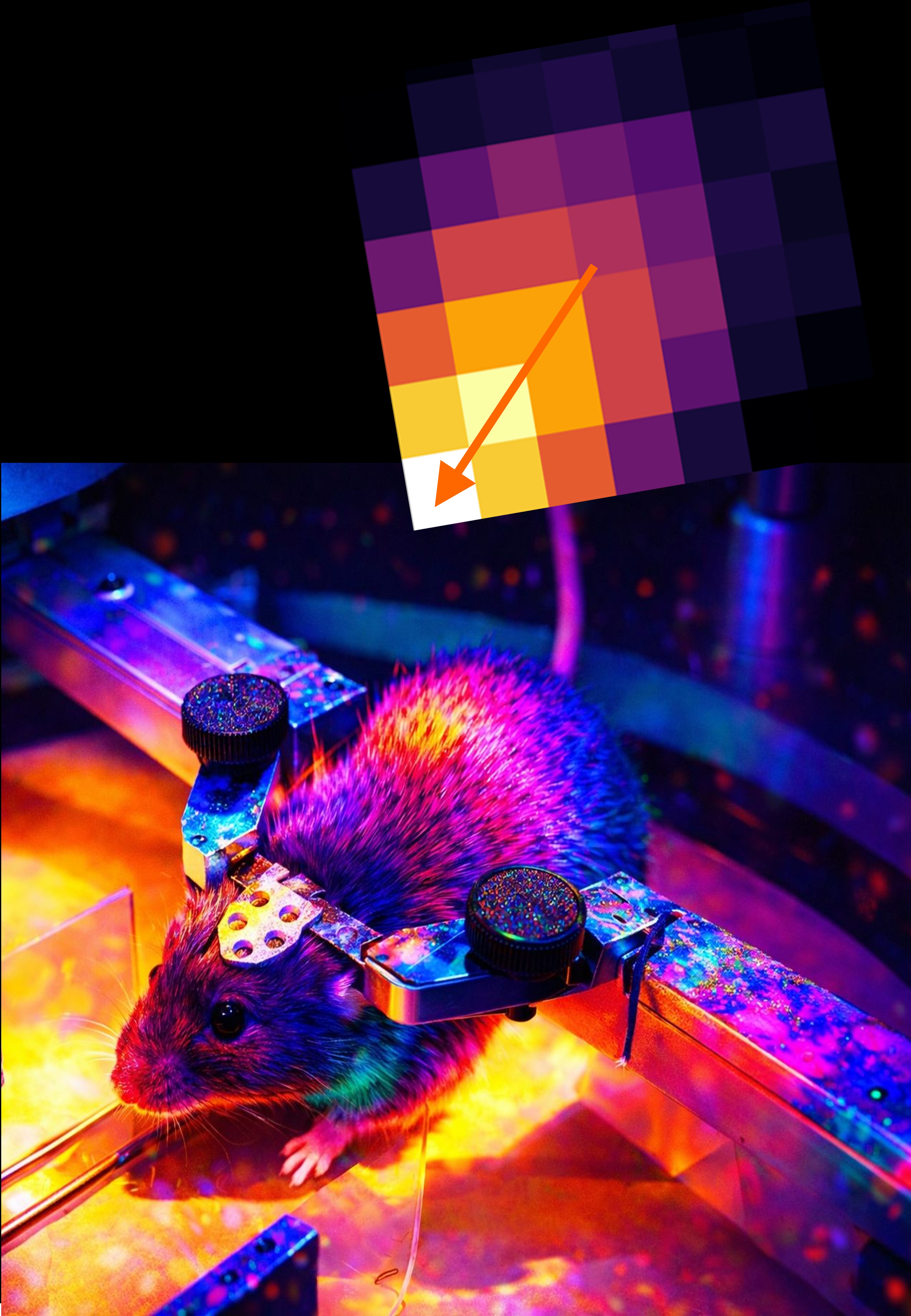 A mouse wears a neuroimaging device and glows in warm lighting