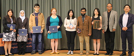 Congratulations to all the winners of BioE teaching, research, and leadership awards. Left to right: Yanfen Li, Parinaz Fathi, Walden Li, Olivia Cangellaris, Yi Zhang, Mohammad Zahid, Sixian You, BioE Department Head Rashid Bashir, and BioE Interim Director of Graduate Programs Joon Kong. 