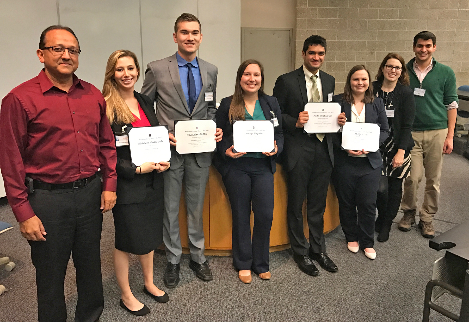 2nd place Senior Design Demo winner NeoPneumo Simulator
Pictured (left to right) BioE Head Rashid Bashir; students Katarina Dobrowski, Brendan Pullen, Jenny Bogdal, Abhi Deshpande, and Molly Kelly; Senior Design Course Director Jenny Amos and Teaching Assistant Ian Berg.

