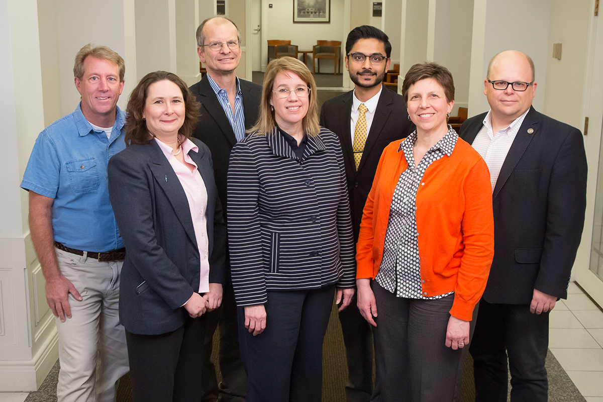 The Carle Illinois College of Medicineâ€™s nearly 100 faculty include prominent researchers, administrators and medical professionals with a broad range of expertise. Pictured, back row, from left: Jeff Woods, professor, College of Applied Health Sciences; Dan Morrow, professor, College of Education; Dr. Priyank Patel, Carle; Wawrzyniec Dobrucki, professor, College of Engineering. Front row, from left: Margarita Teran-Garcia, professor, College of ACES; Susan Martinis, professor, College of LAS; and Janet Liechty, professor, School of Social Work. 
Photo by L. Brian Stauffer