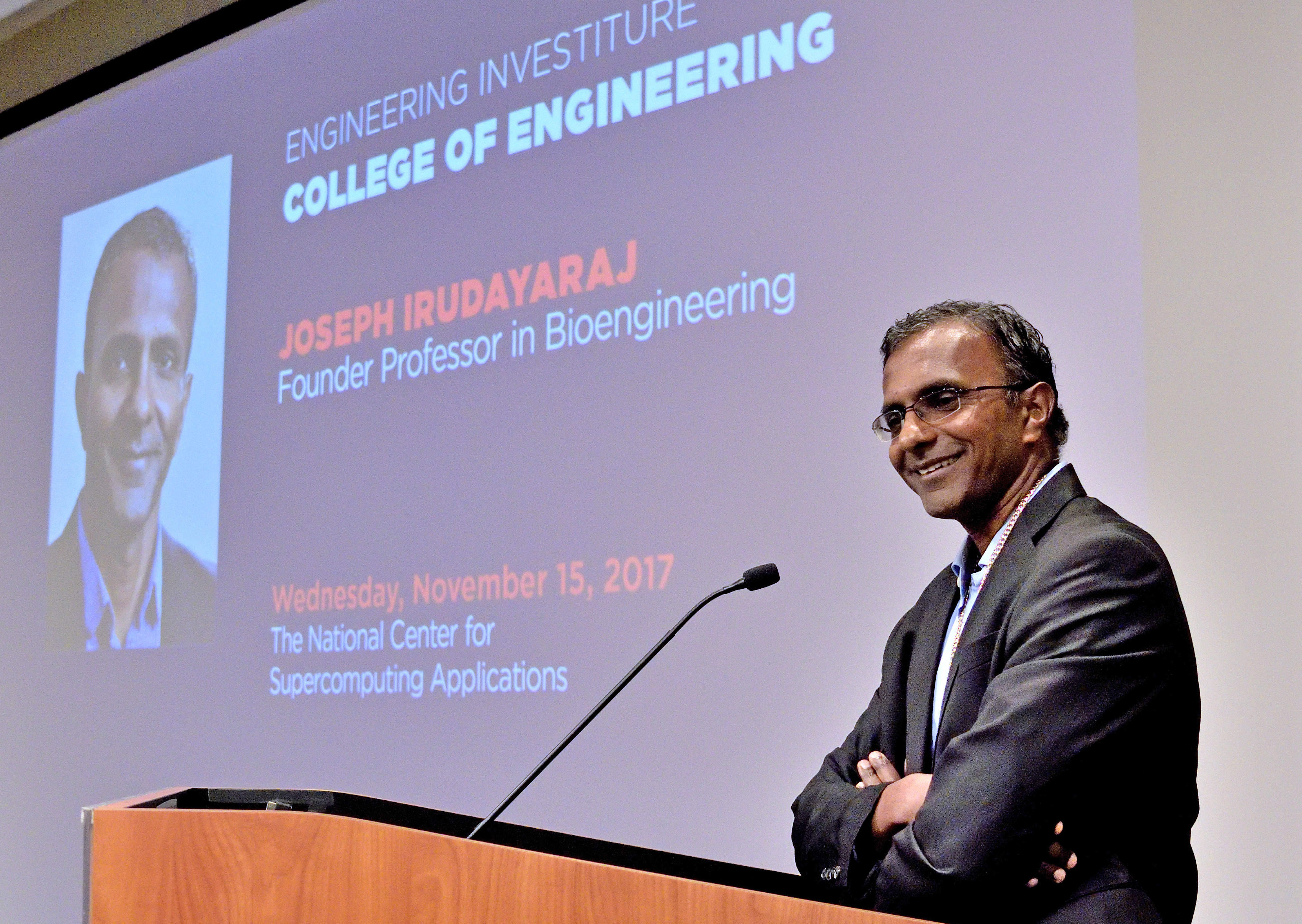 Joseph Irudayaraj was invested as a Founder Professor in Bioengineering on Nov. 15. 