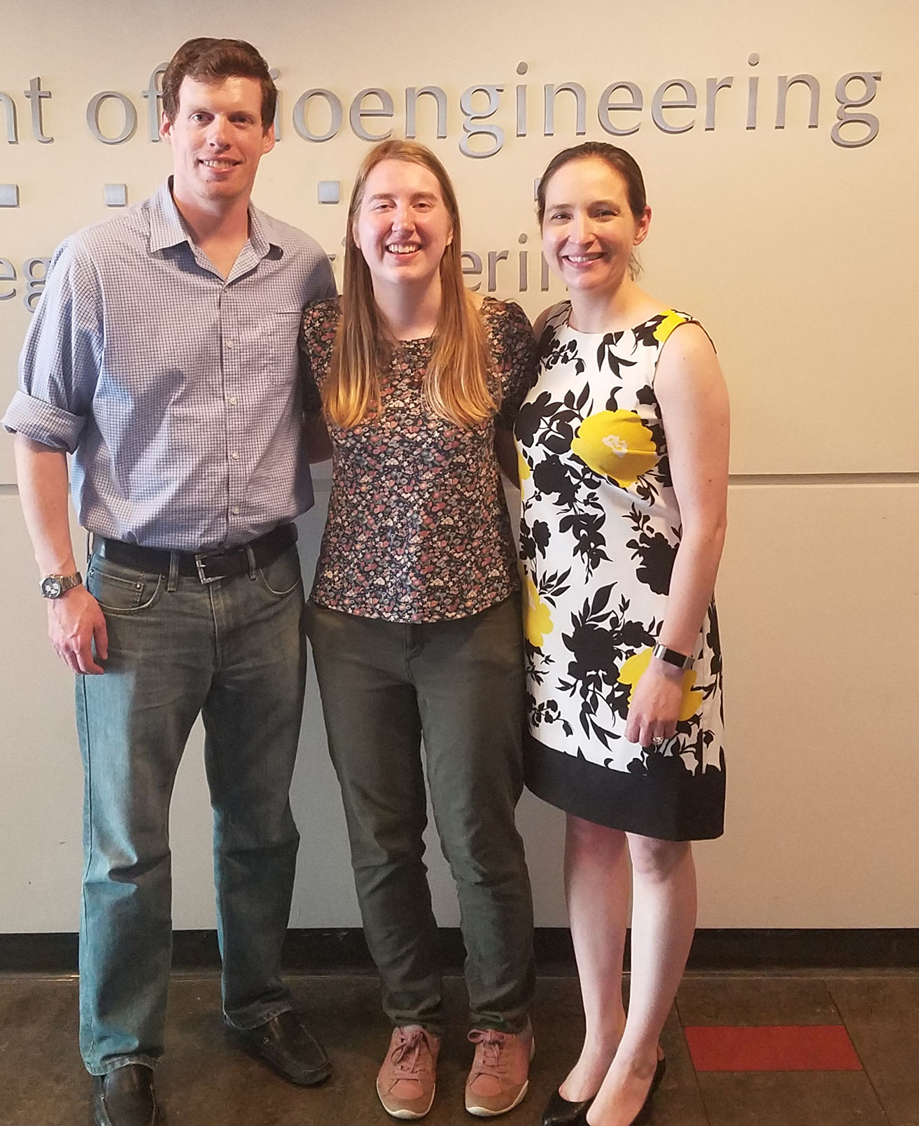 Caroline Blassick, center, and Professors Paul and Karin Jensen used the New England Biolabs donation to help students understand the concept of enzyme kinetics. Blassick is currently a graduate student at Boston University. 