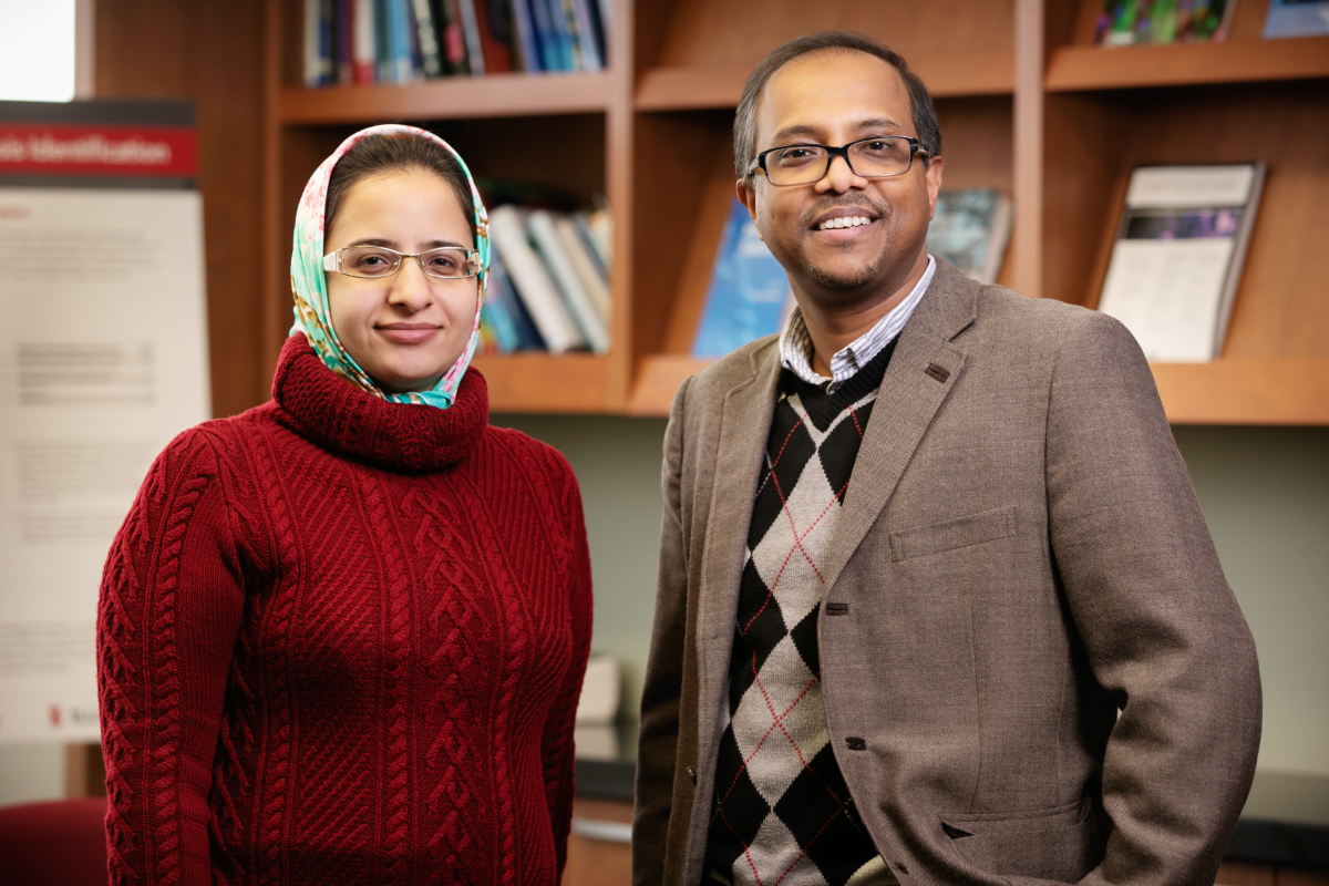 Illinois researchers developed a new drug candidate that targets a receptor inside sarcoma cancer cells. Pictured are graduate student Fatemeh Ostadhossein and Bioengineering Professor Dipanjan Pan.  

Photo by L. Brian Stauffer