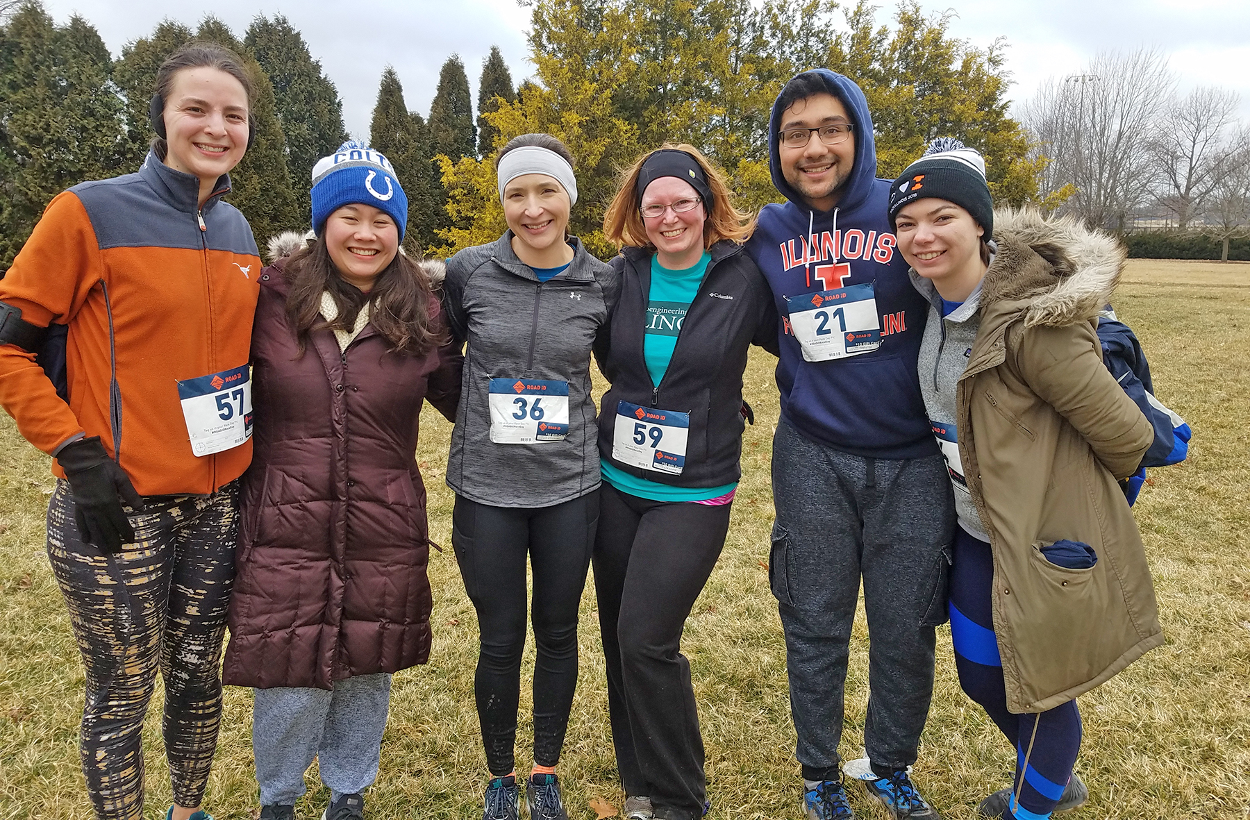 As part of their training and to raise additional funds for the Illini 4000, seniors Viraat Goel and Erin Tevonian (far right) ran in the Illini 4000 5K for Cancer race on March 10th, 2019, with (from left to right) Bioengineering Program Manager Paloma Pearson, alumna Rebecca Ficht (BS 2017), and faculty members Karin Jensen and Marci Pool. 