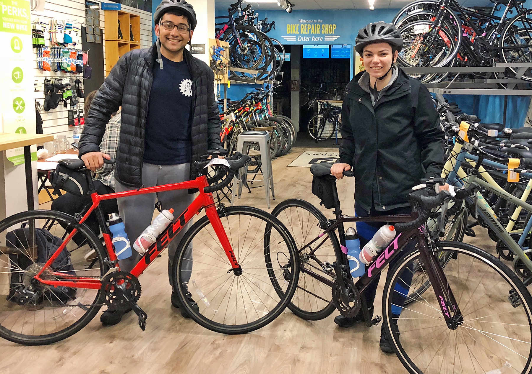 Bioengineering seniors Viraat Goel (left) and Erin Tevonian (right) prepare for a training ride in early April. 