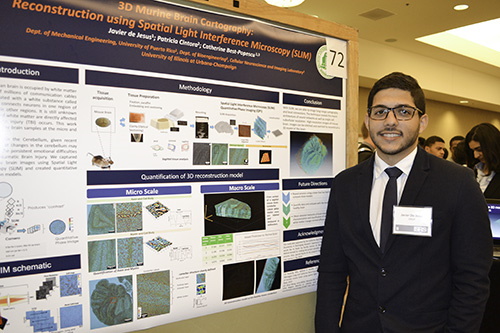 student in formal wear in front of poster