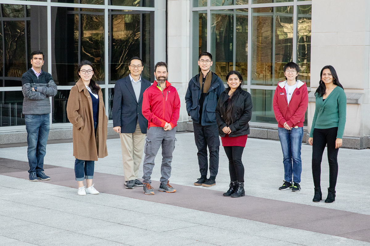 The research team included, from left, postdoctoral researcher Saurabh Shukla, graduate student Che Yang, chemical and biomolecular engineering professor Huimin Zhao, physics professor Paul Selvin, graduate student Meng Zhang, postdoctoral researcher Zia Fatma, graduate student Xiong Xiong, and Surbhi Jain, a former doctoral student at the U. of I. who is now a group lead in cancer biology at Northwestern University. Composite image from separate photos, in compliance with COVID-19 safety protocols.

Composite photo by L. Brian Stauffer