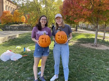 BMES president Grace Huberty and social chair Emily Murray at a recent pumpkin carving event