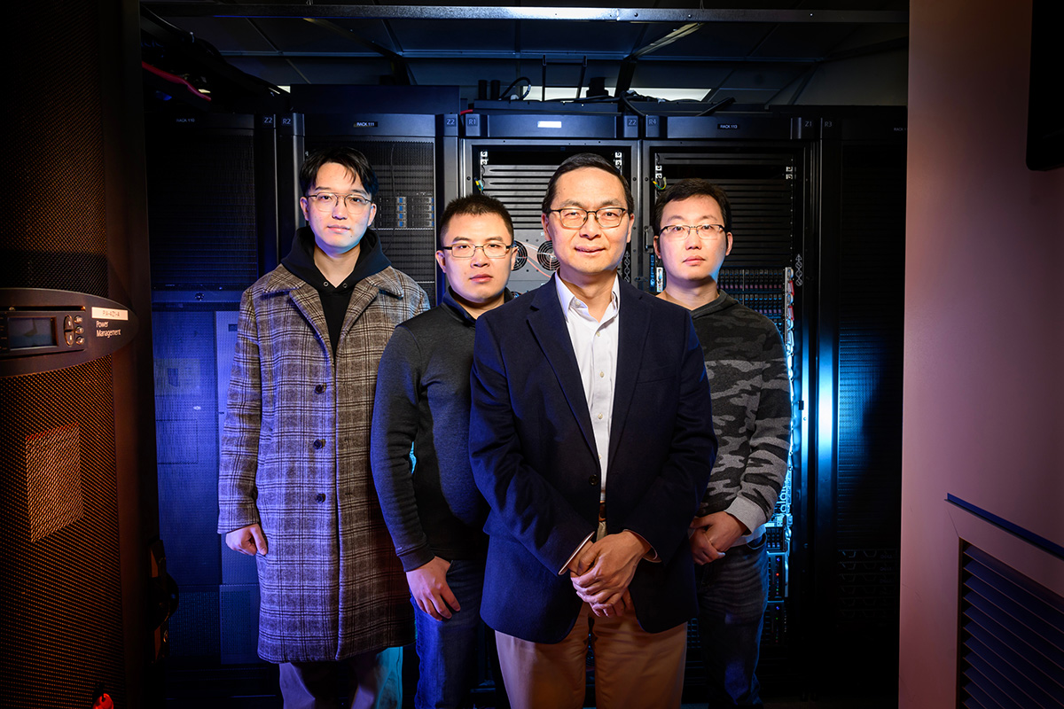 Pictured, from left: Tianho Yu, Haiyang (Ocean) Cui, Huimin Zhao and Guangde Jiang. Photo by Fred Zwicky.