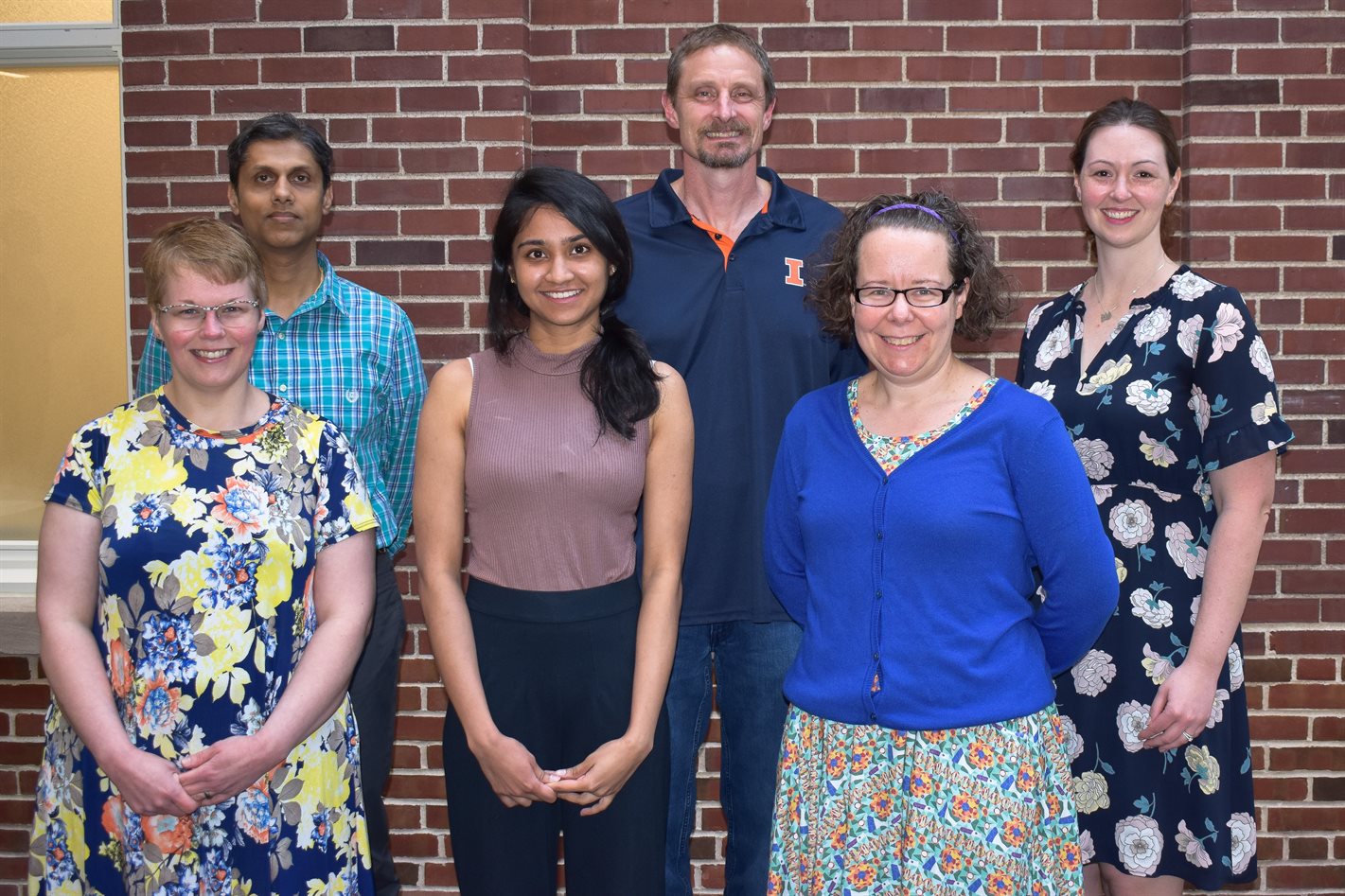 Members of the GIANT team. Back row, left to right: Chandra&nbsp;Radhakrishnan (ECE), Chris Schmitz (ECE), Katie Ansell (Physics). Front row, left to right: Jessica TerBush (Materials Science), Akshara Subramaniasivam (Statistics graduate student), Rebecca Reck (BIOE)
