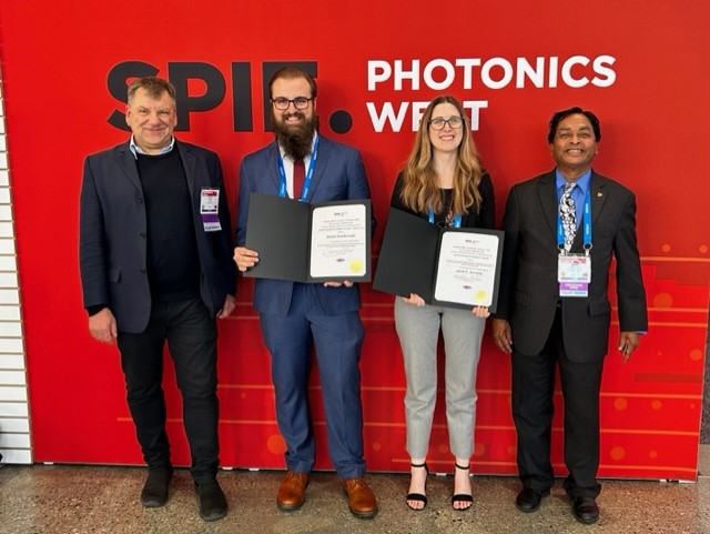 Left to right: Karsten&amp;nbsp;Koenig (president of JenLab GmbH), Daniel Scarbrough (JenLab Young Investigator Award runner up), Janet Sorrells, and Ammasi Periasamy (co-chair for the Multiphoton Microscopy in the Biomedical Sciences conference).&amp;nbsp;