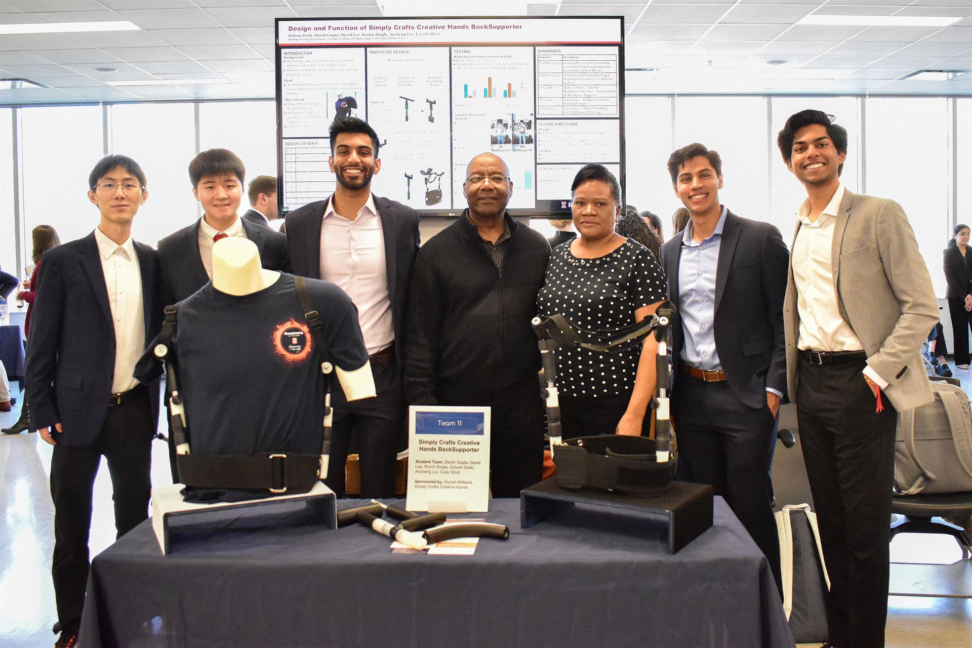 Left to right: Students Ancheng Liu, David Lee, Romir Singla, project sponsors Daniel and Sarah Williams, students&nbsp;Sohom Dash and Darsh Gupta at the capstone symposium.